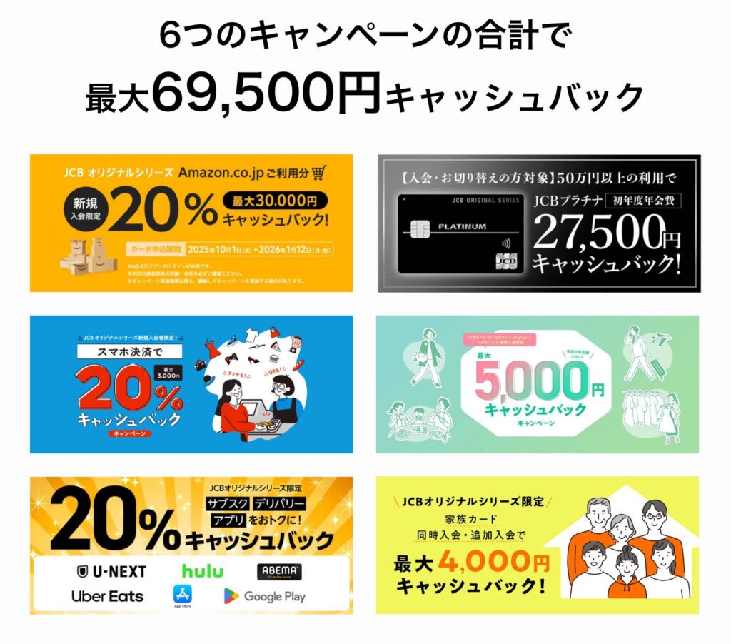 6つのキャンペーンの合計で 最大69,500円キャッシュバック